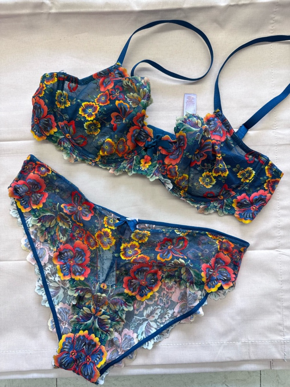 Savage X Fenty Floral Lace Bra & Panty Set in Blue with Red and Yellow Accents